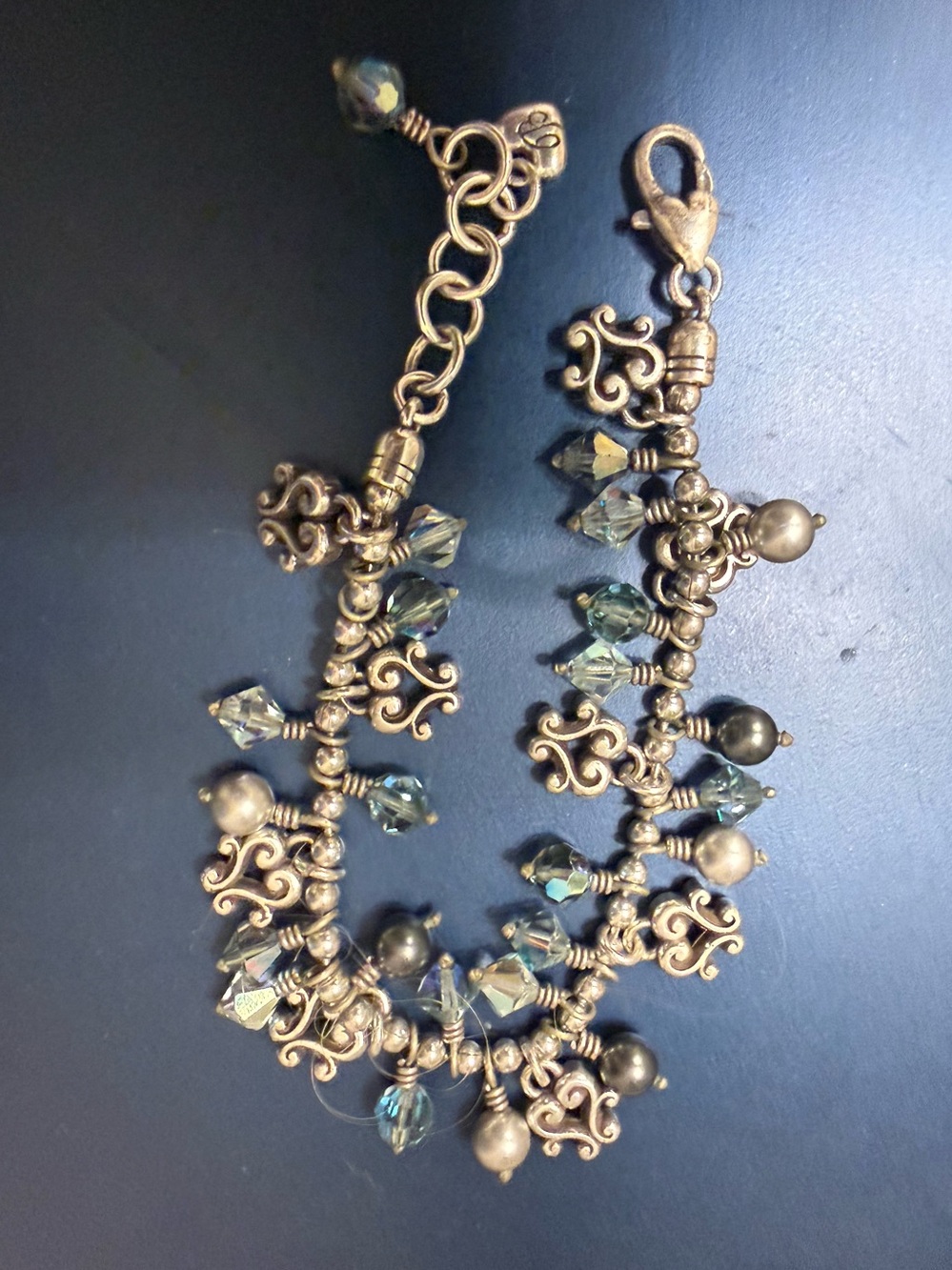 silver -Tone Beaded Charm Bracelet with Iridescent Crystals